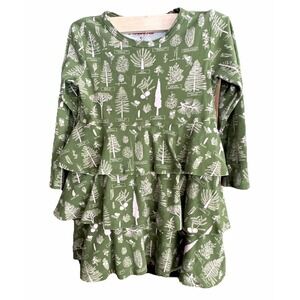Piccolina Long Sleeve Dress Girls Size 6 Green Tree Print Tiered Cotton Peru